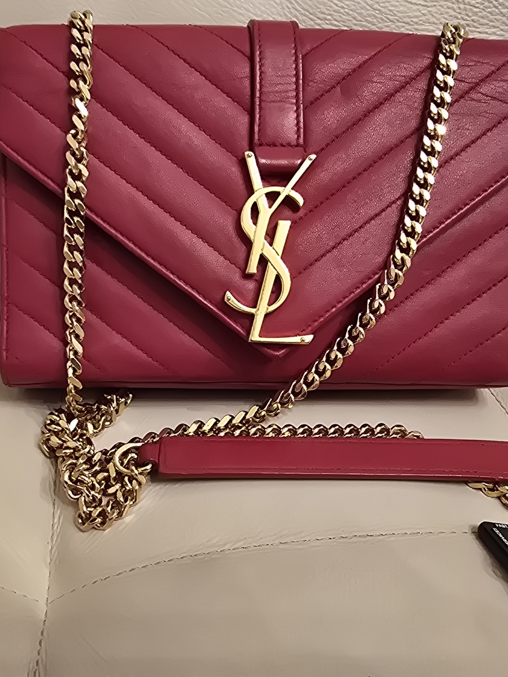 💯 Authentic Saint Laurent YSL Red Quilted Leather Chain Wallet w/COA